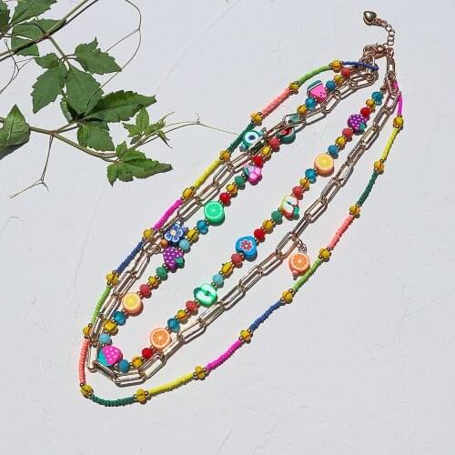 Lifefontier Bohemia Multi-layer Fruit Polymer Clay Necklaces For Women Colorful Beads Metal Chain Choker Necklace Jewelry 2021