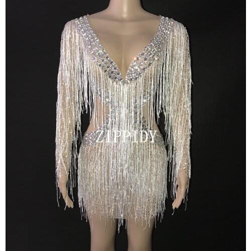 Fashion Silver Rhinestones Fringes Dress Lady Prom Evening Outfit Bar Singer See Through Mesh Dress Shining Tassels Dress