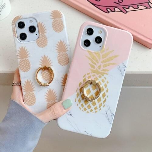 Fashion Pineapple Marble Soft TPU Phone Case for iPhone 12 Mini 11 Pro XS Max XR 7 8 Plus Finger Ring Holder Stand Back Cover