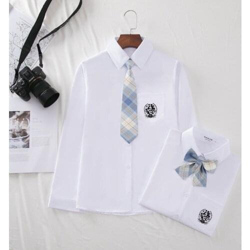 NEW Women Cotton T Shirt Harajuku Embroidery Long Sleeve White Shirt Tops Blouses For JK School Uniform Student Clothes Send Tie