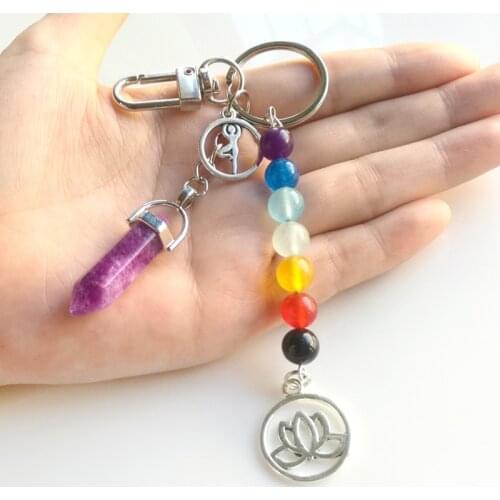 Original New 7 Chakras Energy Yoga Fitness Stone Beads Keychain Women Natural Hexagonal Column Pink Stone Key Chain Jewelry Gift