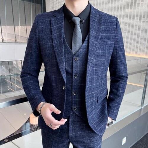 Jacket+Vest+Pants ) 2021 Brand Boutique Lattice Retro Design Mens Casual Business Slim Suit Groom Wedding Dress Tuxedo M-5XL