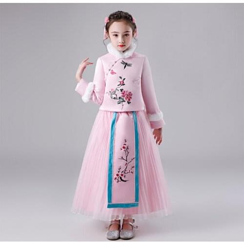 Romantic Flower Girl Wedding Bridesmaid Formal Embroidery Flower Fur Mandarin Collar Cheongsam First Communion Dresses for Girls