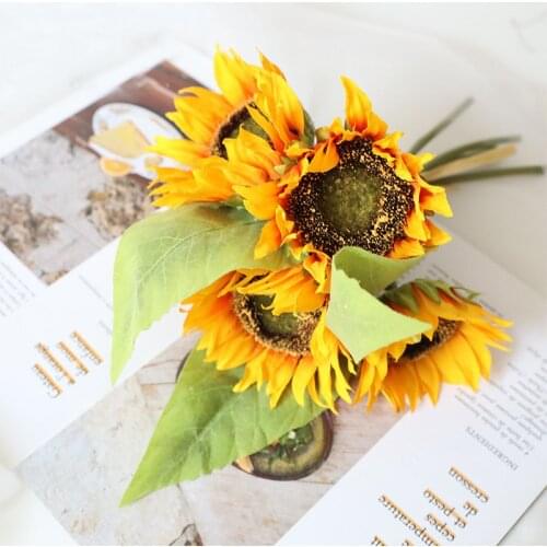 Silk Sunflower Bouquet Fake Yellow Artificial Flowers Wall Fabric Wedding Garden Decoration Green Plant Luxury Home Decor Craft