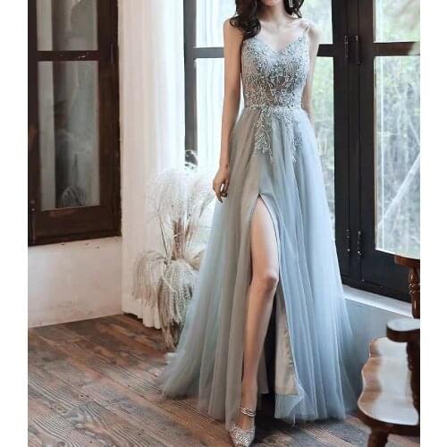 Blue Celebrity Dresses A-line Split Fork Beading Spaghetti Strap Tulle Sexy Red Carpet Floral Print Party Evening Gowns Elegant