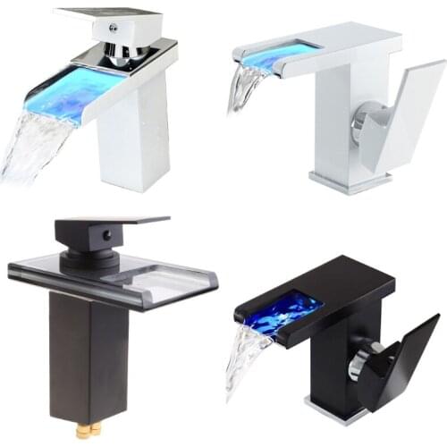 LED Light Bathroom Sink Faucet, 3 Colors Changing Waterfall Spout, Cold and Hot Water Mixer Sink Tap, Brass Body