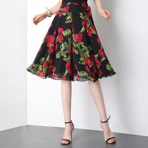 Retro printing female long chiffon skirts womens summer A-line skirt high waist plus sizes fairy skirt