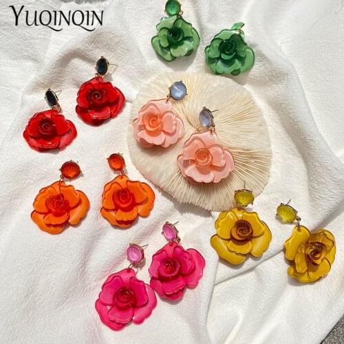 Vintage Elegant Long Acetic Acid Acrylic Rose Flower Earrings for Women Acetate Resin Earings For Girls Fashion Jewelry Brincos