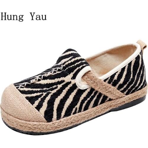 Women Shoes Flat Loafers Shallow National Style Hemp Slip On Striped Fashion Outdoor Breathable Round Toe Casual Comfortable