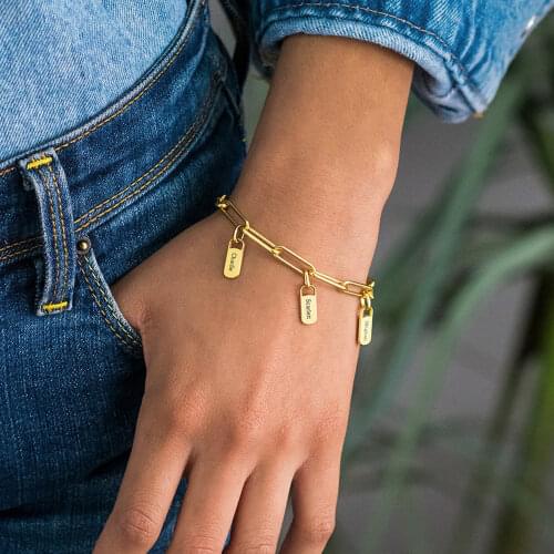 Mens and Womens Personalized Rectangular Chain Bracelets Customized Multiple Nameplate Names Pendant Stainless Steel Bracelets