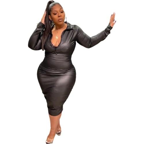 Cutubly Long Sleeve Dress Autumn Winter Vestidos Black Pu Leather Turn Down Collar Slim Fit Sexy Club V Neck Dresses For Women