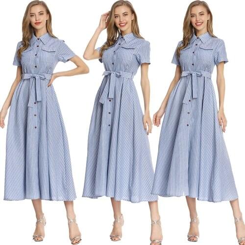 Summer Women Stripe Long Dress Short Sleeve Single Breast Shirt Dress Casual OL Style With Belt Pockets Holiday Mid-Calf Length