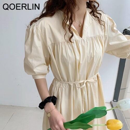 QOERLIN Chic Style Gentle Puff Sleeve Solid Color Loose Dress Belted Lace-up Dress Ladies Loose Ruffled Cotton Dress Streetwear