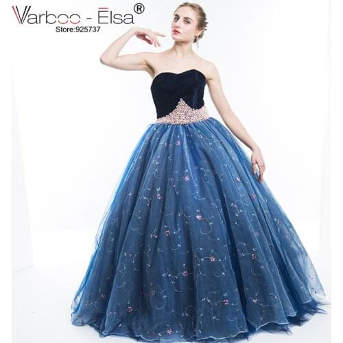 VARBOO_ELSA Luxury Pearl Beading Evening Dress 2021 Sleeveless Strapless Tulle Evening Gown Blue Embroidery Arabic Prom Dress