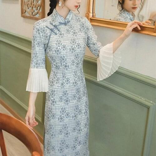 Young Elegant Cheongsam Women Modern Fashion Girl Improved Vintage Qipao Dress Chic Flare Sleeve Vestido Summer 2021 New