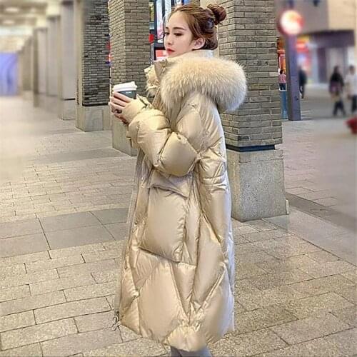 Winter Womens Parker Cotton Clothing New Shiny Solid Color Hooded Fur Collar Loose Zipper Drawstring Long Sleeve Coat Jacket