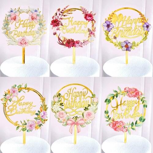 Golden Acrylic Colored Flower Happy Birthday Cake Topper For Birthday Party Cupcake Dessert Decor Baby Shower Baking Supplies
