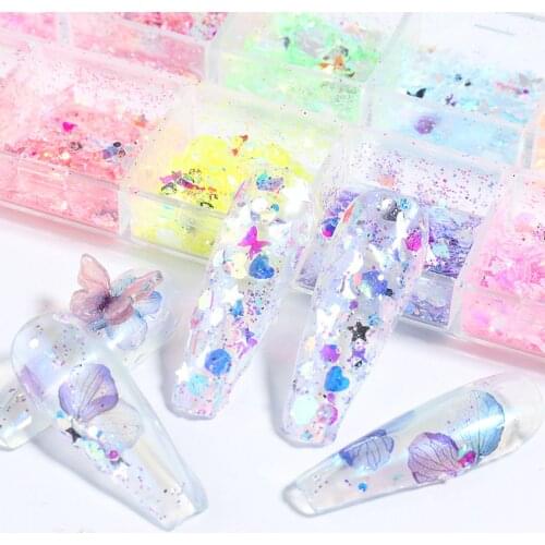 12 Grids/box Nail Art DIY butterfly irregular round hexagon Colorful Manicure Tips Glitter Powder Fairy Sequin Laser Flake Decor