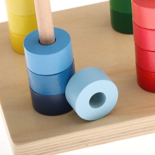 4 Colors Stacker Stacking Ring Toddler Toy, Montessori Material Teaching Aids (Developmental Toys, 16 Wooden Pieces)