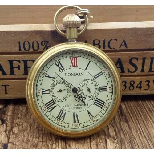 Antique Copper London Pocket Watch Men Women Unisex Mechanical Hand-winding Roman numerals Necklace Gift with box TJX030