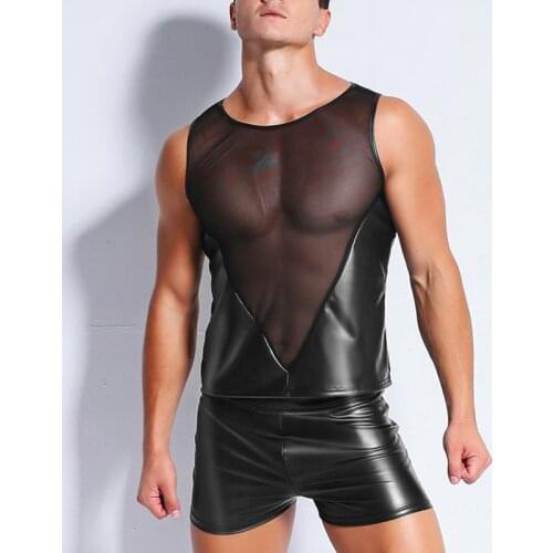 Plus Size XXL Men Faux Leather Tanks Sleeveless Transparent Mesh Patchwork Vinyl Top Night Clubwear Wet Look Men Undershirt Vest