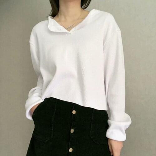 UNUTH Girls Soft Cotton V Neck Blouse 2021 Spring-autumn Fashion Ladies Vintage Straight T-shirt Female Solid Color T-shirt Top