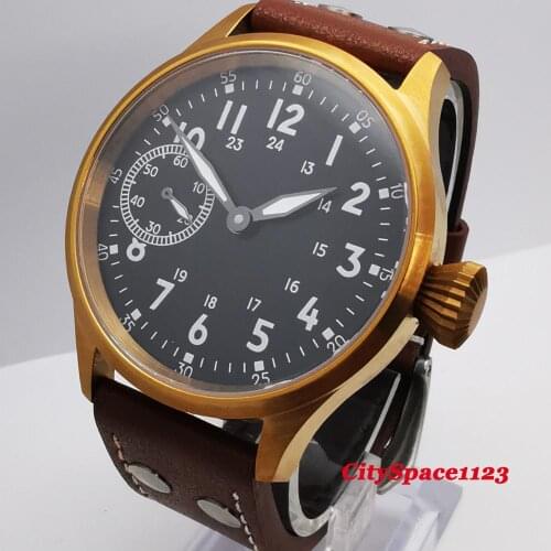 Corgeut 43mm Black sterile dial brass PVD case relogio 17 Jewels 6497 Hand Winding Mechanical Wristwatches sapphire crystal