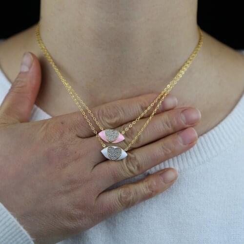 Pink White Enamel Gold Color Evil Eye Pendant Paved CZ Heart New Fashion Girl Necklace Delicate