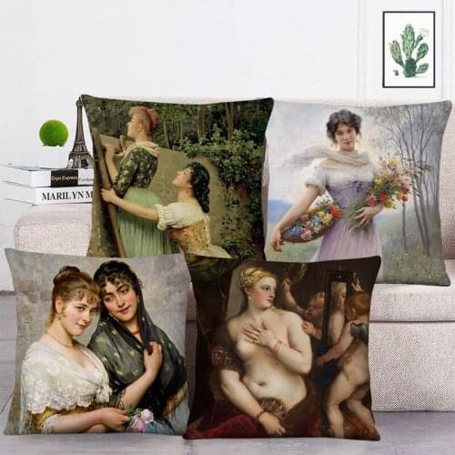 European Oil Painting Woman Lady Portrait Cushion Covers 45X45cm Pillow Case Linen Polyester Sofa Chair Decoration