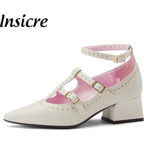 Insicre European New Rivets Single Shoes Women Genuine Leather Pumps Ankle Buckle Strap Pointed Toe Hollow Out Square Heel