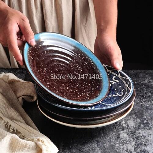 Japanese Style 9-inch Ceramic Disc High-foot Black Rice Dish Home Snack Flat Plate Simple Retro Cooking Plate