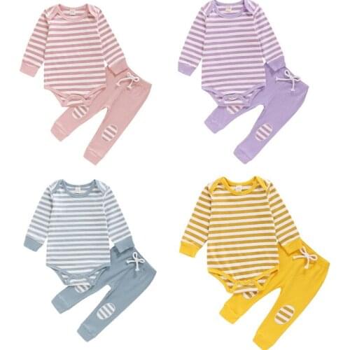 2Pcs Baby Girls Boys Outfit Spring Autumn Sweet Style Long Sleeve Round Collar Striped Romper + Patch Solid Color Long Pants Set