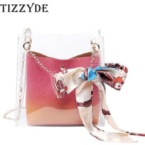 2019 Summer Transparent Bag Fashion PU + PVC Shoulder Bag Slung Female Bag Scarf Mobile Phone Pocket Money Mother Bag TFH230