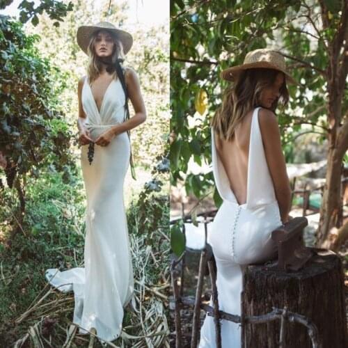 Fashion Boho Wedding Dresses 2020 Ruched Satin Sleeveless Bridal Wedding Gowns Backless Sexy Beach Robe De Mariee