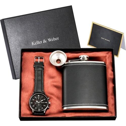 Keller & Weber Men Watch Sets Quartz Wristwatch Camping Hip Flask Funnel Accessories Gifts Set