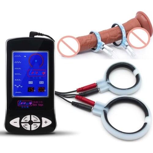 Male Electric Shock Silicone Penis Ring Electro Stimulation Penis Massager Cock Enlargement Delay Ring Medical Theme SM Sex Tool