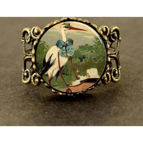 New Steampunk DIY Fine Stork and Baby Carriage Ring Glass Dome Ring for women jewelry gift vintage