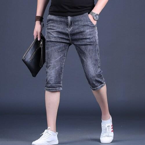New Mens Jeans Summer Korean Style Lightweight Dark Gray Thin Slim Fit Stretch Denim Calf-Length Pants