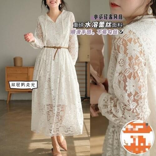 2021 spring new literature and art model gentle XianMei series water soluble lace solid color dress female 7198
