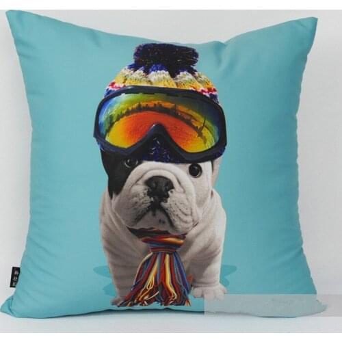 NEW Modern Luxury Blue Bulldog Bull Dog Ski with Glasses Fashion Art Decorative Pillow Case Cushion Cover Sham 45cm x 45cm