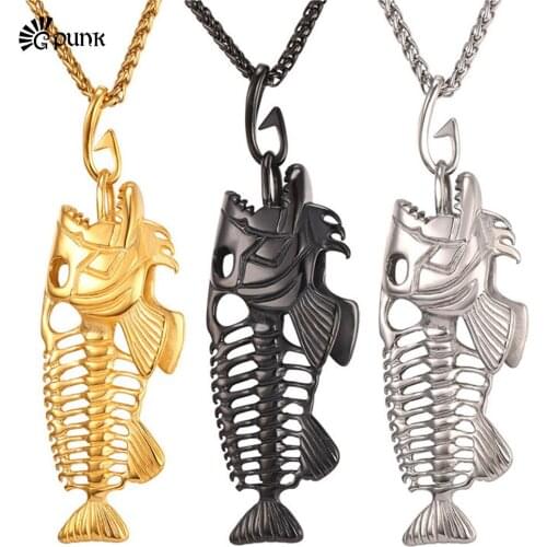Fish bone necklace 316L stainless steel mens jewelry 2017 design vintage hollow white black gold color collar P2457G