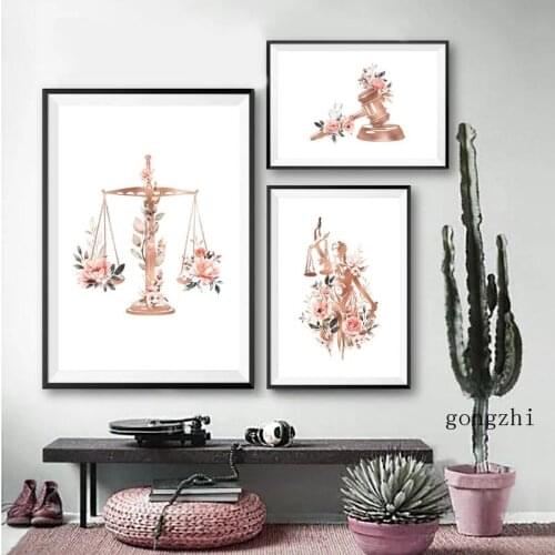 Watercolor Justice Balance Hammer Floral Nordic Poster Law Office Canvas Painting and Prints Law School Wall Art Graduation Gift