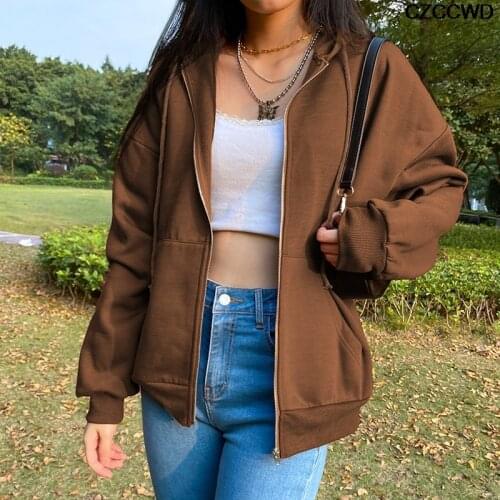 Plus Size Women Oversize Black Brown Zip Up Autumn Winter Jacket Sweatshirt Clothes Hoodies Pockets Long Sleeve Pullovers 2021