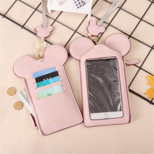 Pink PU Leather Passport Card Holder Coin Purse Neck Bag for 5.5inch Phones 2019 Women Card Holder Cute Mouse Lanyard Wallet