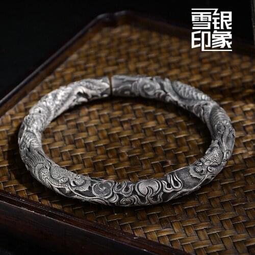 S999 Footsilver Handmade Customized Silver Bracelet Yunnan Snow Silver Double Dragon Male Personality Retro Silver Bracelet