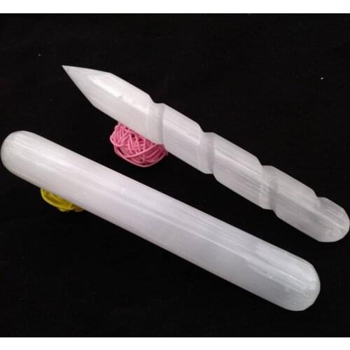Selenite Crystal Massage Wand " Spiral Polished Round & Point Tip CHARGE CLEANSE 2pcs