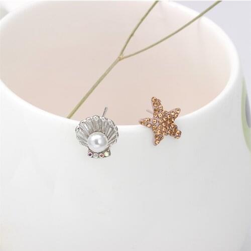 CHUNSHI EMO Euramerican Personality Ocean Style Simple Starfish Shell Asymmetric Pearl Letters Set Delicate Diamond Earrings