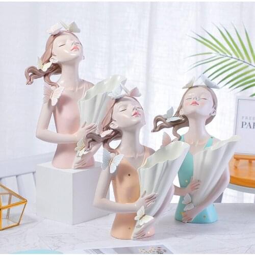 Nordic Butterfly Girl Sculpture Vase Bouquet Resin Statue Handicraft Ornaments Living Room Art Simulation Flower Pots Decorative