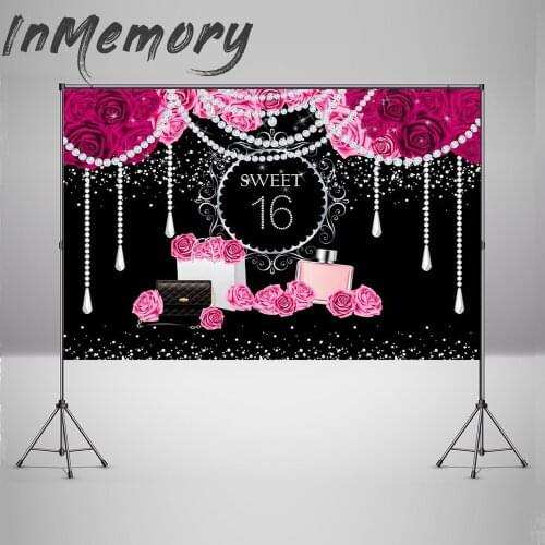 Sweet 16 Backdrop Girl Sweet Sixteen Birthday Pink Rose Decor Bling Diamonds Pearls Quinceanera Party Photo Background Banner
