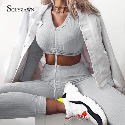 Leggings Tracksuit Women Solid Ribbed High Elasticity Slim Fitness Lace Up Crop Top + Pants Set Outfits 2019 Autumn Casual Suit